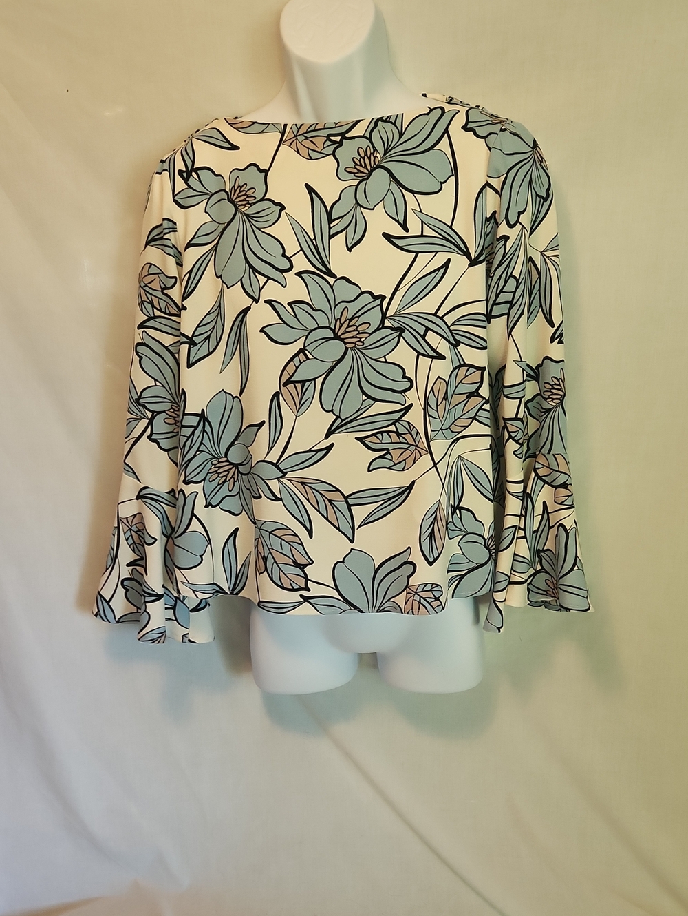 Karen Kane Cream Floral Bell-Sleeve Top with Light Blue Blooms